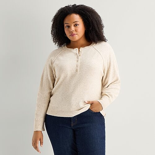 Ana Plus Womens Crew Neck Long Sleeve Pullover Sweater In Beige