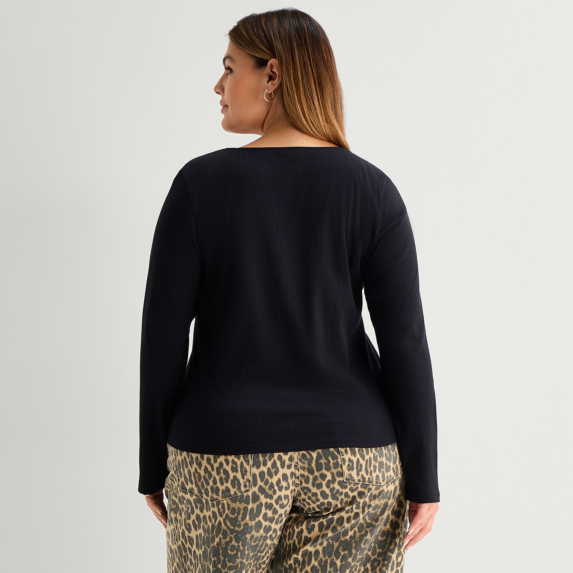 A.N.A Lace Trim Womens Plus V Neck Long Sleeve T-Shirt