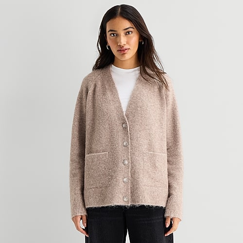 Ana Womens V Neck Long Sleeve Button Cardigan In Beige