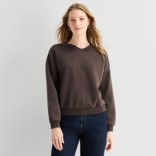 Ana Womens V Neck Long Sleeve Sweatshirt In Brown