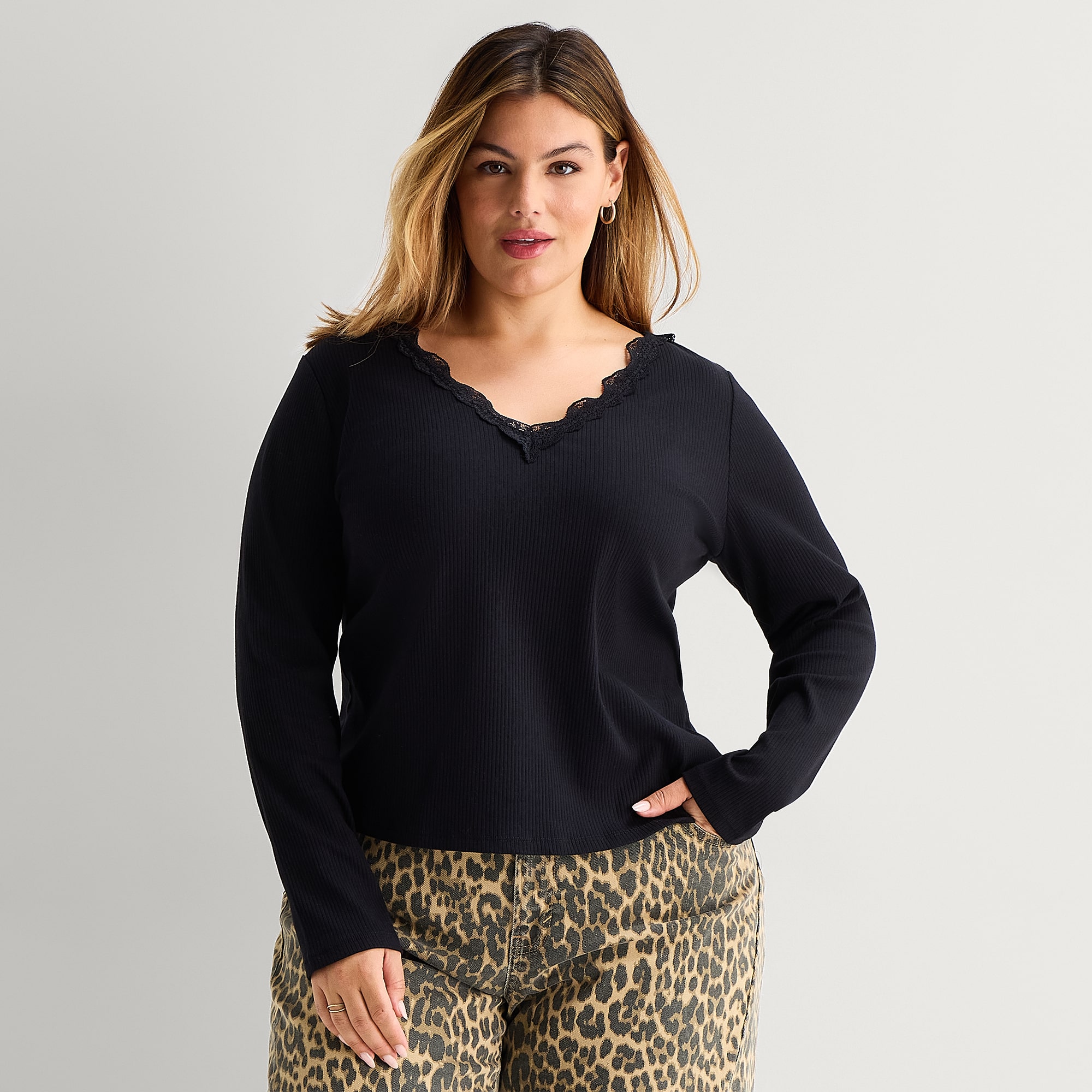 A.N.A Lace Trim Womens Plus V Neck Long Sleeve T-Shirt
