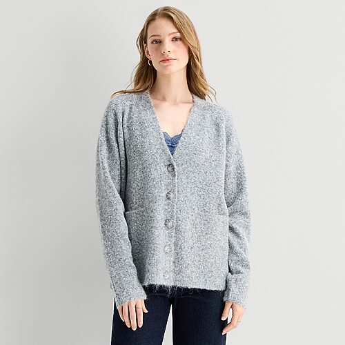 Ana Womens V Neck Long Sleeve Button Cardigan In Gray