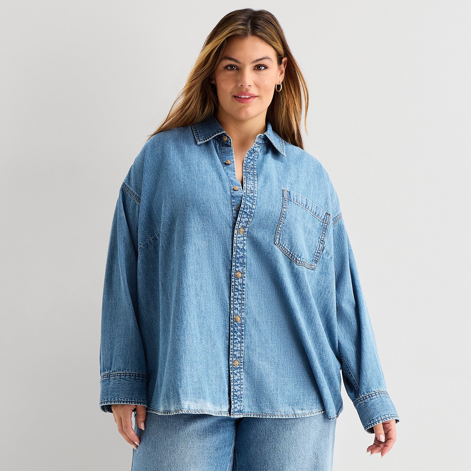 A.N.A Womens Plus Drop Shoulder Long Sleeve Oversized Button-Down Shirt