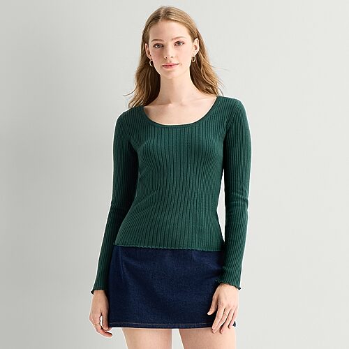 Ana Womens Scoop Neck Long Sleeve Striped Pullover Sweater In Green