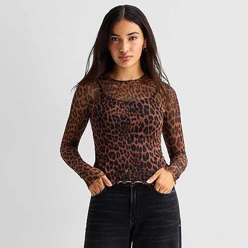A.N.A Semi Sheer Mesh Womens Crew Neck Long Sleeve T-Shirt, Xx-large, Beige