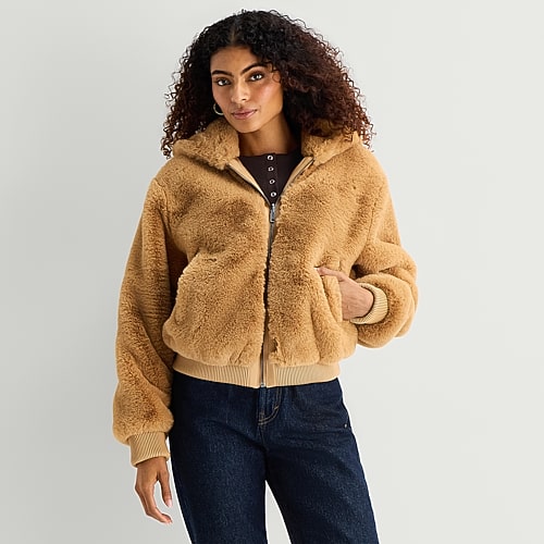 Ana Womens Faux Fur Midweight Coat In Beige
