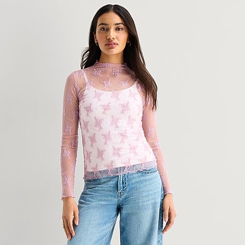 Ana Womens Funnel Neck Long Sleeve Lace T-shirt In Pink