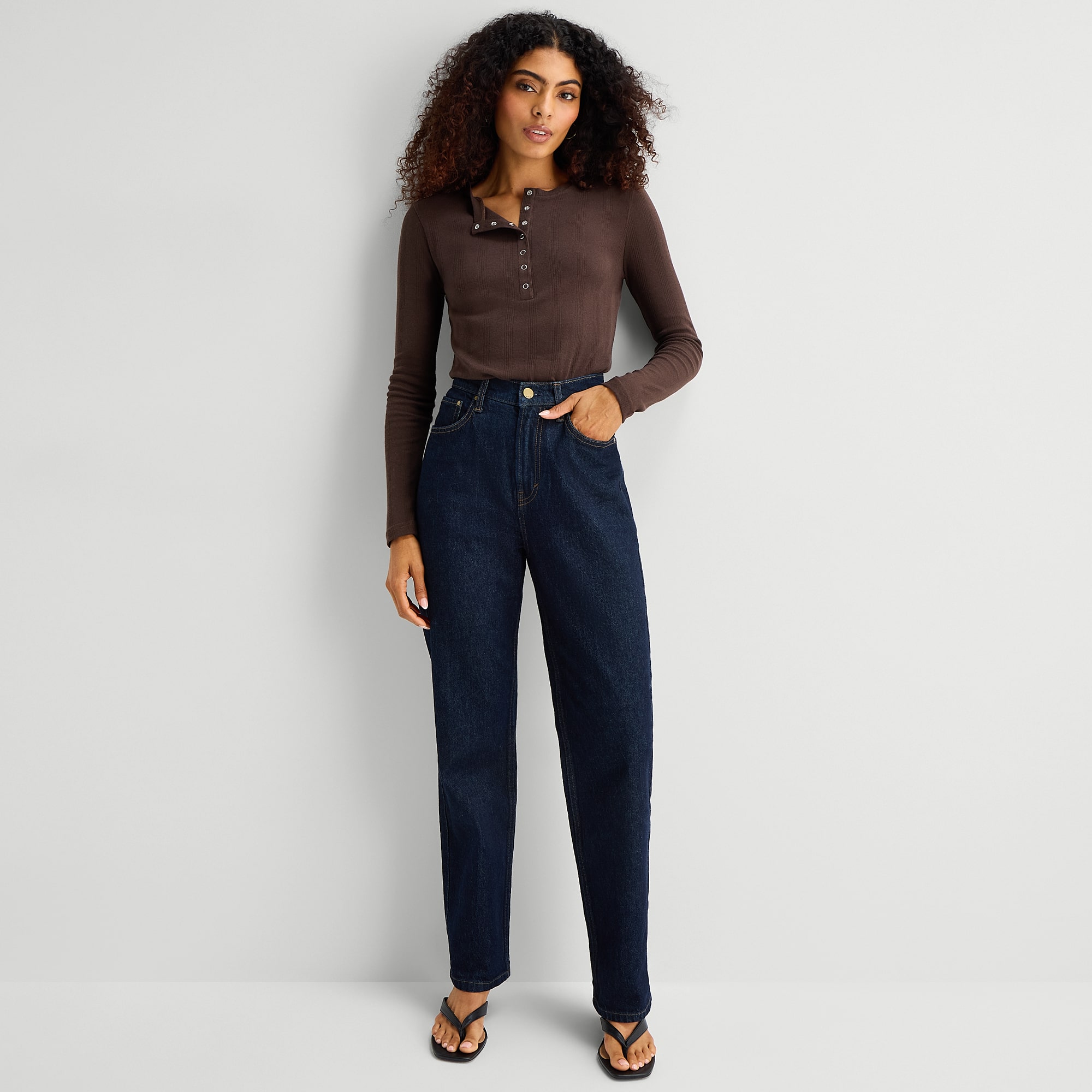 A.N.A Womens Henley Neck Long Sleeve T-Shirt