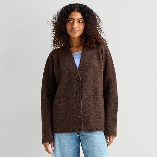 Ana Womens V Neck Long Sleeve Button Cardigan In Brown