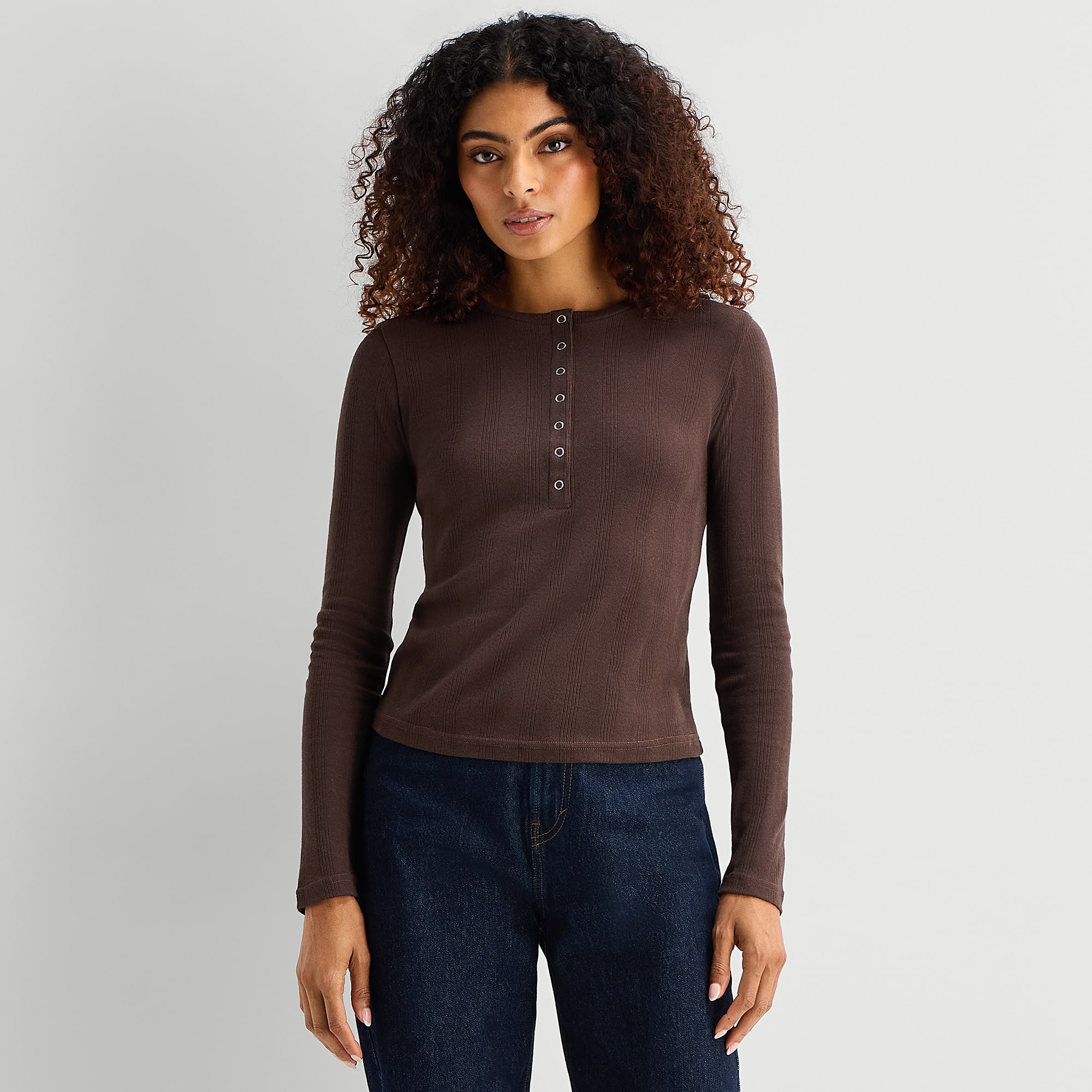 A.N.A Womens Henley Neck Long Sleeve T-Shirt