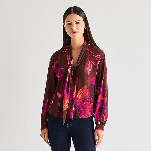 Worthington Womens Split Tie Neck Long Sleeve Blouse In Black