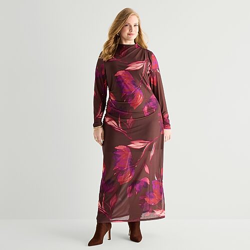 Worthington Womens Midi V Neck Short Sleeve Floral Bodycon Dress In Brown