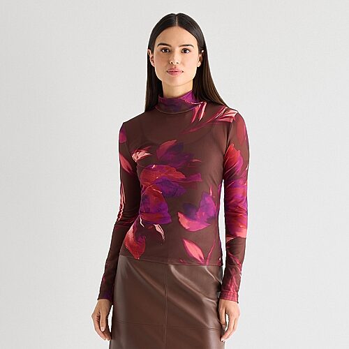 Worthington Womens Long Sleeve Mock Neck Top In Brown