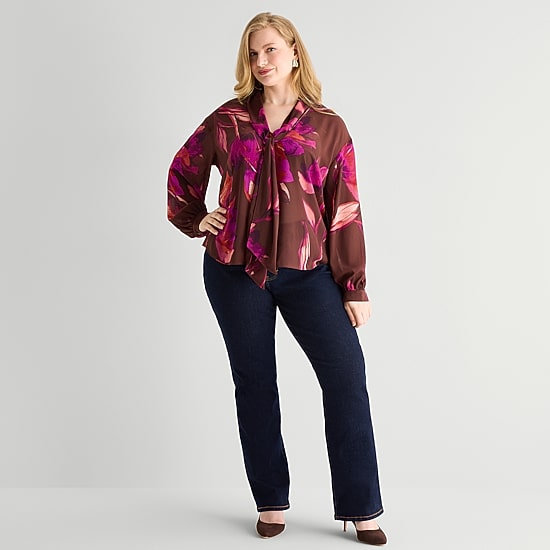 Worthington Womens Plus Split Tie Neck Long Sleeve Blouse
