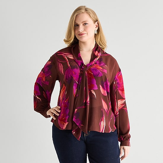 Worthington Womens Plus Split Tie Neck Long Sleeve Blouse