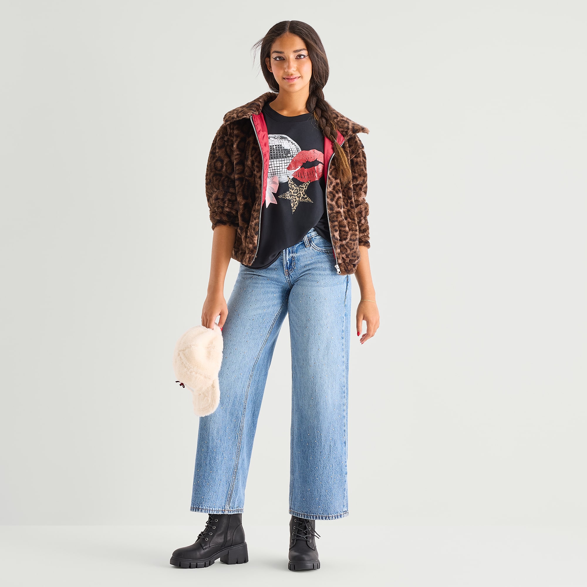 Jingle Ball Womens Juniors Midweight Faux Fur Jacket