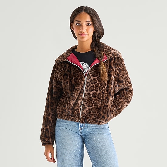 Jingle Ball Womens Juniors Midweight Faux Fur Jacket