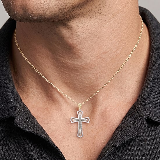 Religious Jewelry (F / Si2) Mens 1 CT. T.W. Lab Grown White Diamond 14K Gold Over Silver Cross 18 Inch Pendant Necklace
