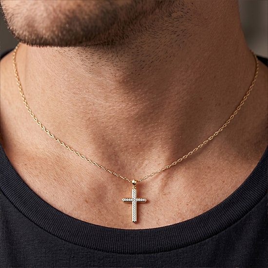 Religious Jewelry (F / Si2) Mens 1 CT. T.W. Lab Grown White Diamond 14K Gold Over Silver Cross 18 Inch Pendant Necklace
