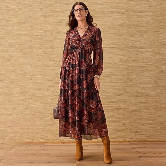 Isabel & Nina Womens V Neck Long Sleeve Bishop Chiffon Maxi Dress