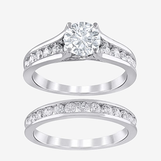 (G / Si2) Womens 2 CT. T.W. Lab Grown White Diamond 10K Gold Round Side Stone Bridal Set