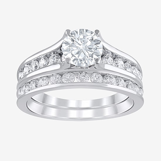 (G / Si2) Womens 2 CT. T.W. Lab Grown White Diamond 10K Gold Round Side Stone Bridal Set