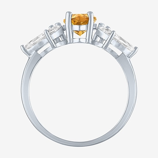 Womens Genuine Yellow Citrine Sterling Silver Marquise Side Stone Cocktail Ring