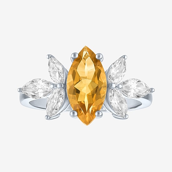 Womens Genuine Yellow Citrine Sterling Silver Marquise Side Stone Cocktail Ring