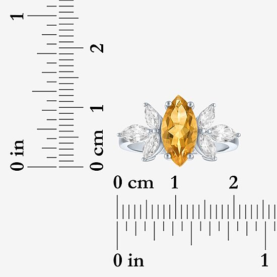 Womens Genuine Yellow Citrine Sterling Silver Marquise Side Stone Cocktail Ring