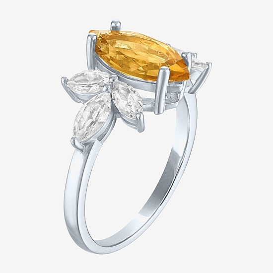Womens Genuine Yellow Citrine Sterling Silver Marquise Side Stone Cocktail Ring