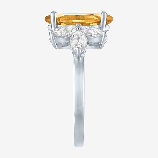 Womens Genuine Yellow Citrine Sterling Silver Marquise Side Stone Cocktail Ring