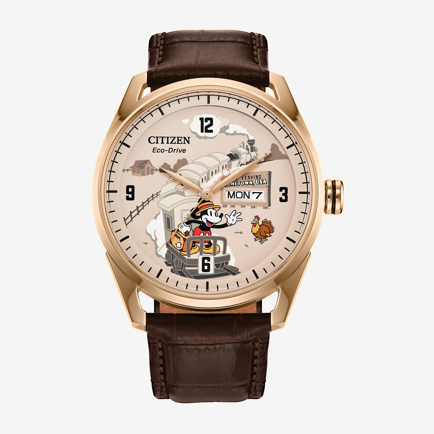 Citizen Mickey Mouse Mens Brown Leather Strap Watch Aw0088-04w