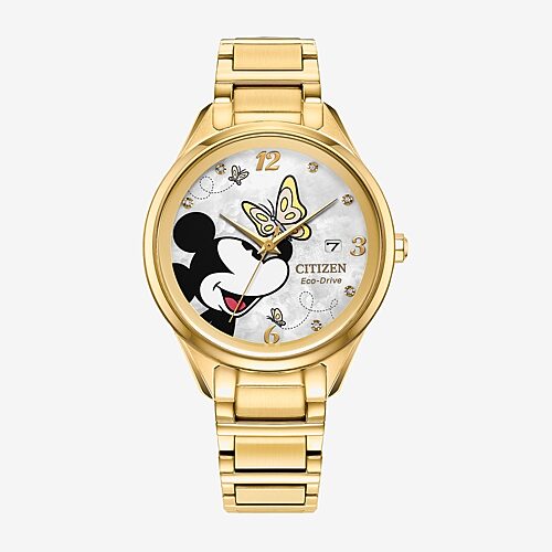 Citizen Mickey Mouse Womens Gold Tone Stainless Steel Bracelet Watch Fe6192-51d In Yellow