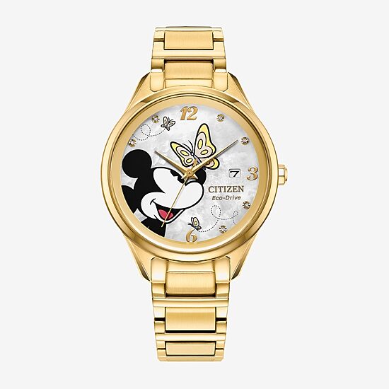 Citizen Mickey Mouse Womens Gold Tone Stainless Steel Bracelet Watch Fe6192-51d