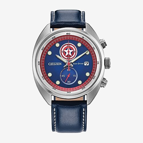 Citizen Captain America Mens Blue Leather Strap Watch Ca7046-46w