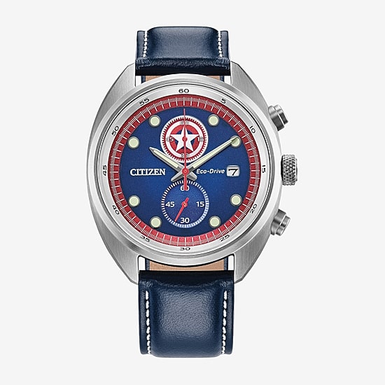 Citizen Captain America Mens Blue Leather Strap Watch Ca7046-46w