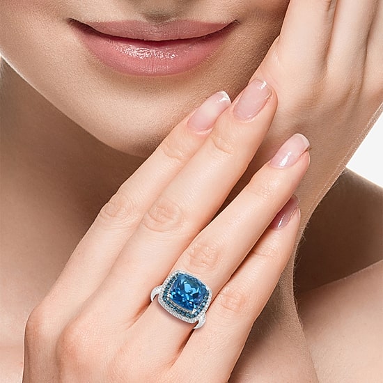 Effy Final Call Limited Quantities! Womens 7/8 CT. T.W. Genuine Blue Topaz 14K White Gold Cushion Halo Cocktail Ring