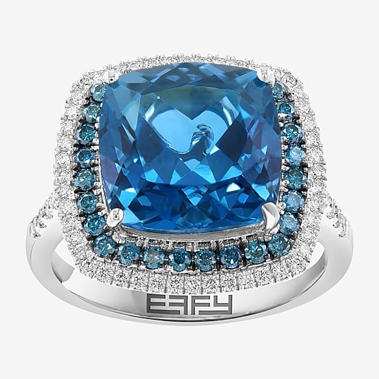 Effy Final Call Limited Quantities! Womens 7/8 CT. T.W. Genuine Blue Topaz 14K White Gold Cushion Halo Cocktail Ring