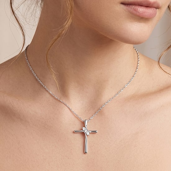 (F / Si2) Womens 1/7 CT. T.W. Lab Grown White Diamond Sterling Silver Cross 18 Inch Pendant Necklace