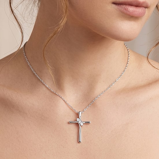 (F / Si2) Womens 1/7 CT. T.W. Lab Grown White Diamond Sterling Silver Cross 18 Inch Pendant Necklace