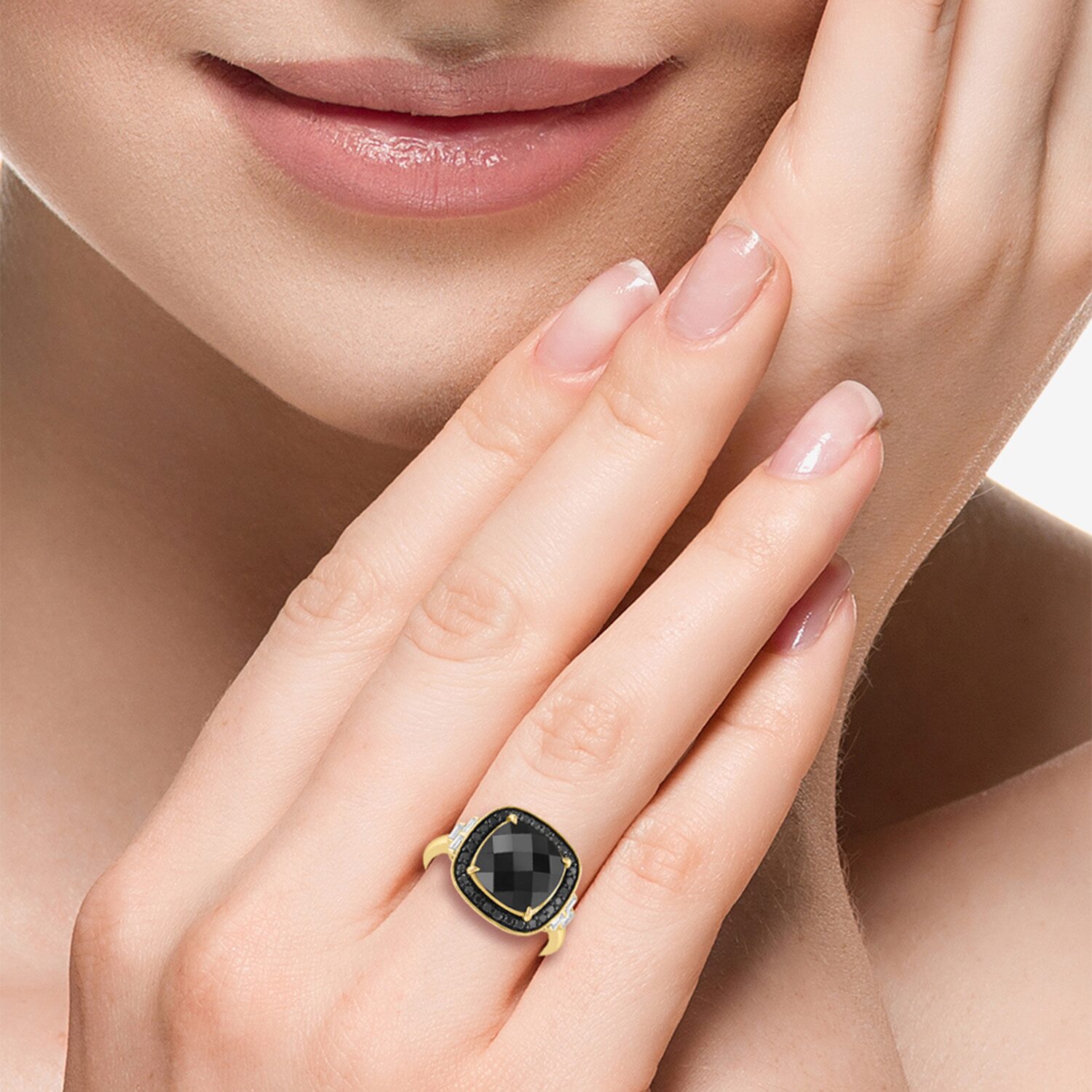 Effy Final Call Limited Quantities! Womens 1/2 CT. T.W. Genuine Black Onyx 14K Gold Cushion Halo Cocktail Ring