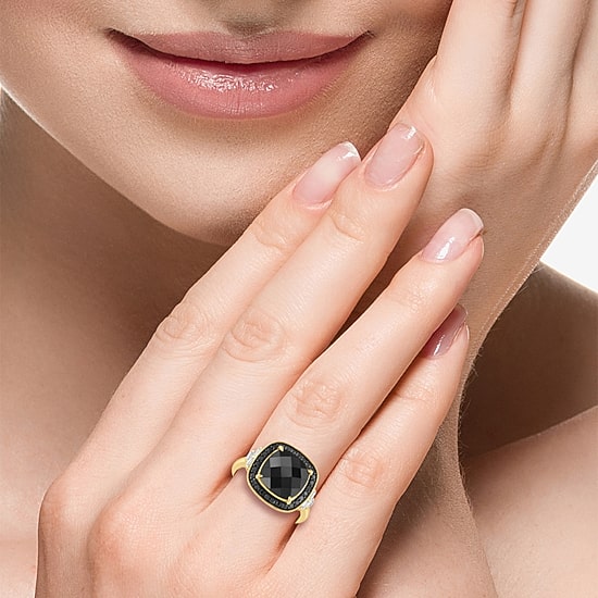 Effy Final Call Limited Quantities! Womens 1/2 CT. T.W. Genuine Black Onyx 14K Gold Cushion Halo Cocktail Ring