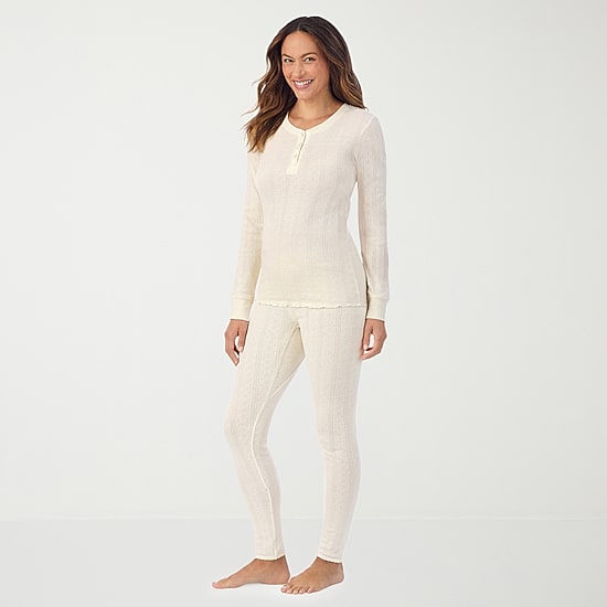 Cuddl Duds Womens Cotton Pointelle Round Neck Long Sleeve Thermal Shirt