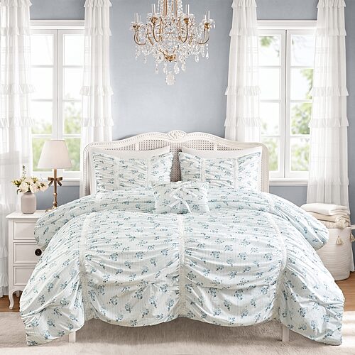 Intelligent Design Anabelle Ruched Floral 4-Piece Comforter Set, Queen - Blue