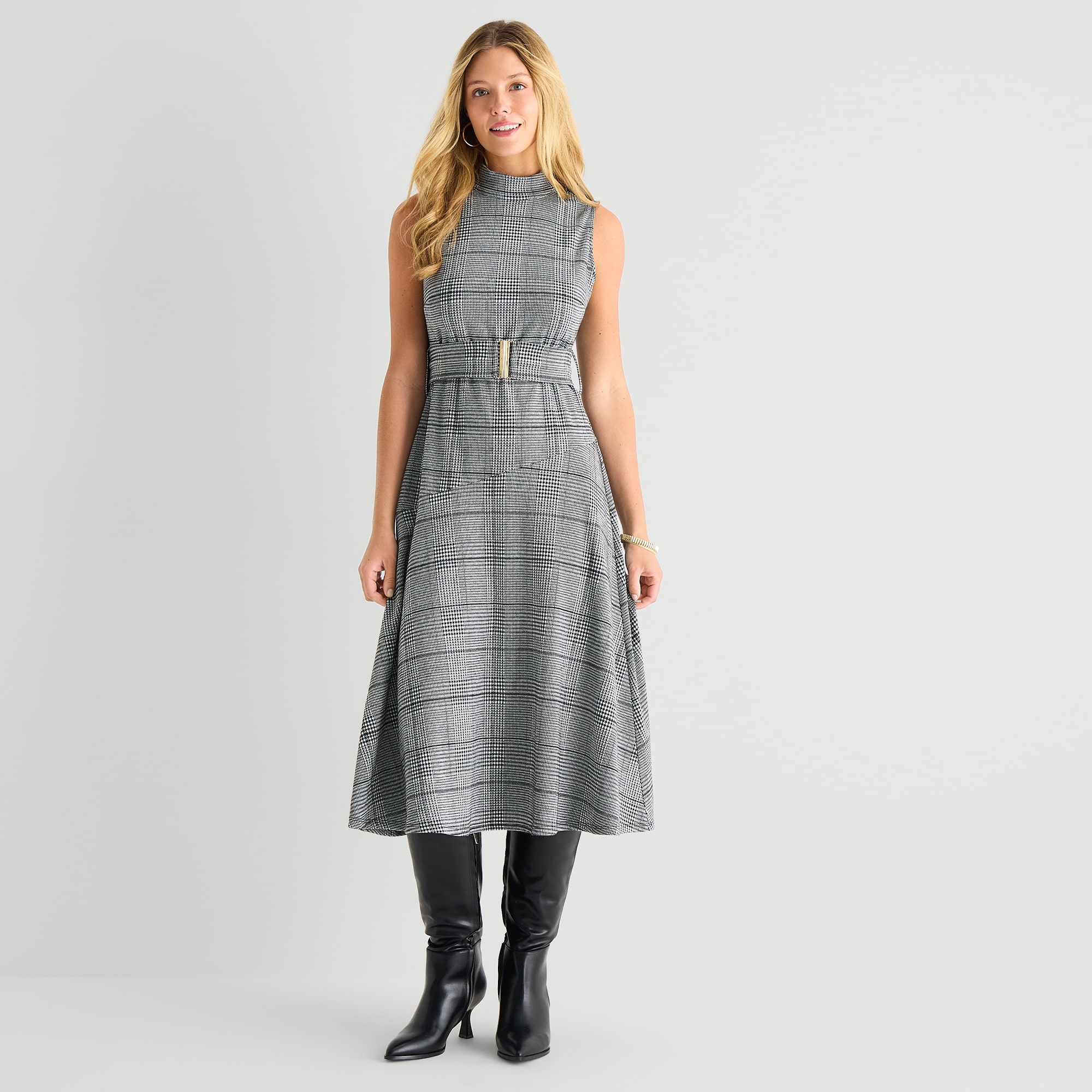 MSK Womens Midi Mock Neck Sleeveless Plaid Fit + Flare Dress