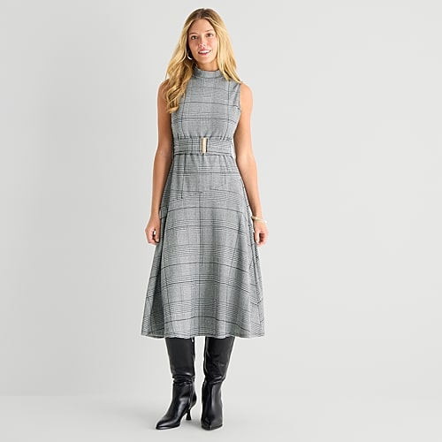 Msk Womens Midi Mock Neck Sleeveless Plaid Fit + Flare Dress In Gray
