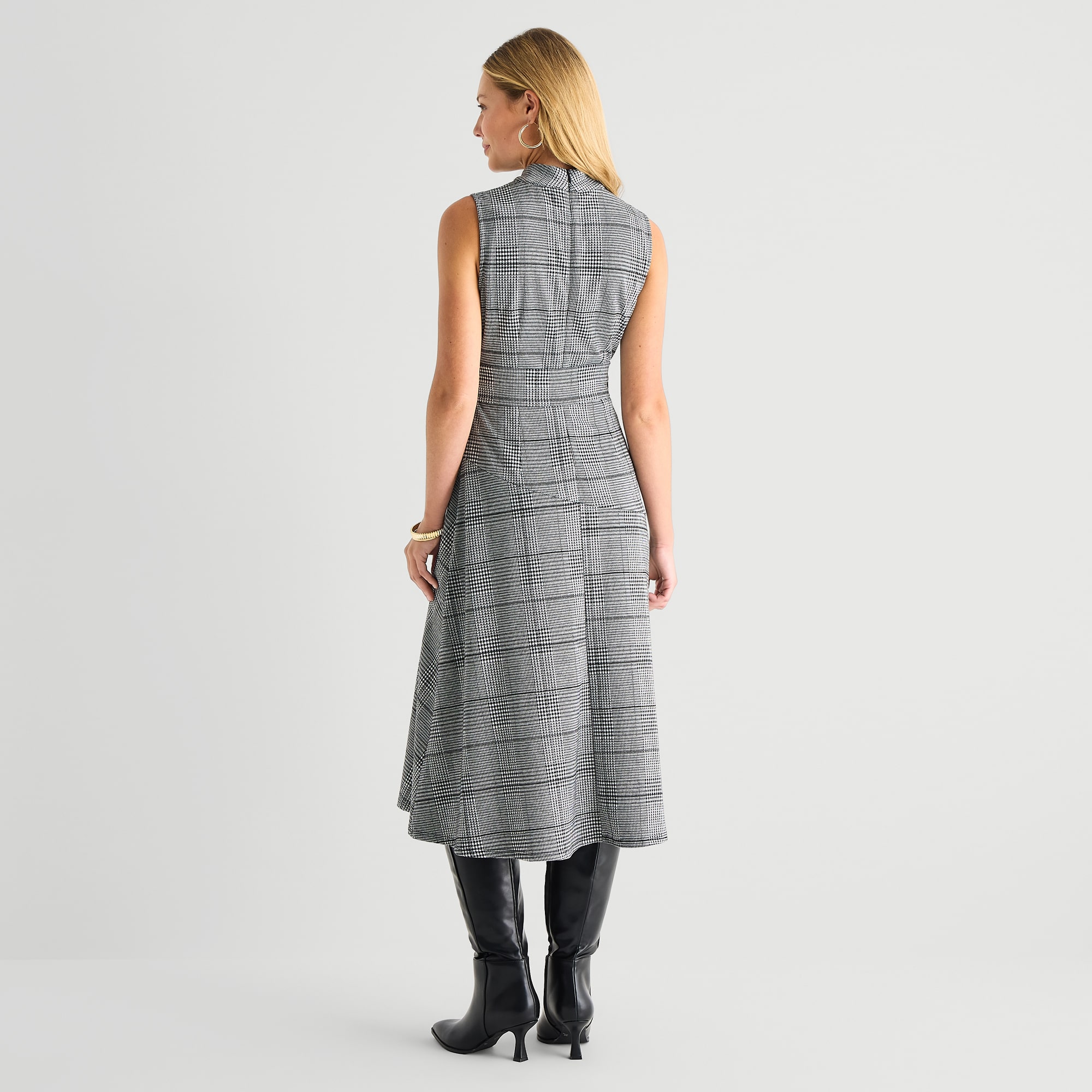 MSK Womens Midi Mock Neck Sleeveless Plaid Fit + Flare Dress