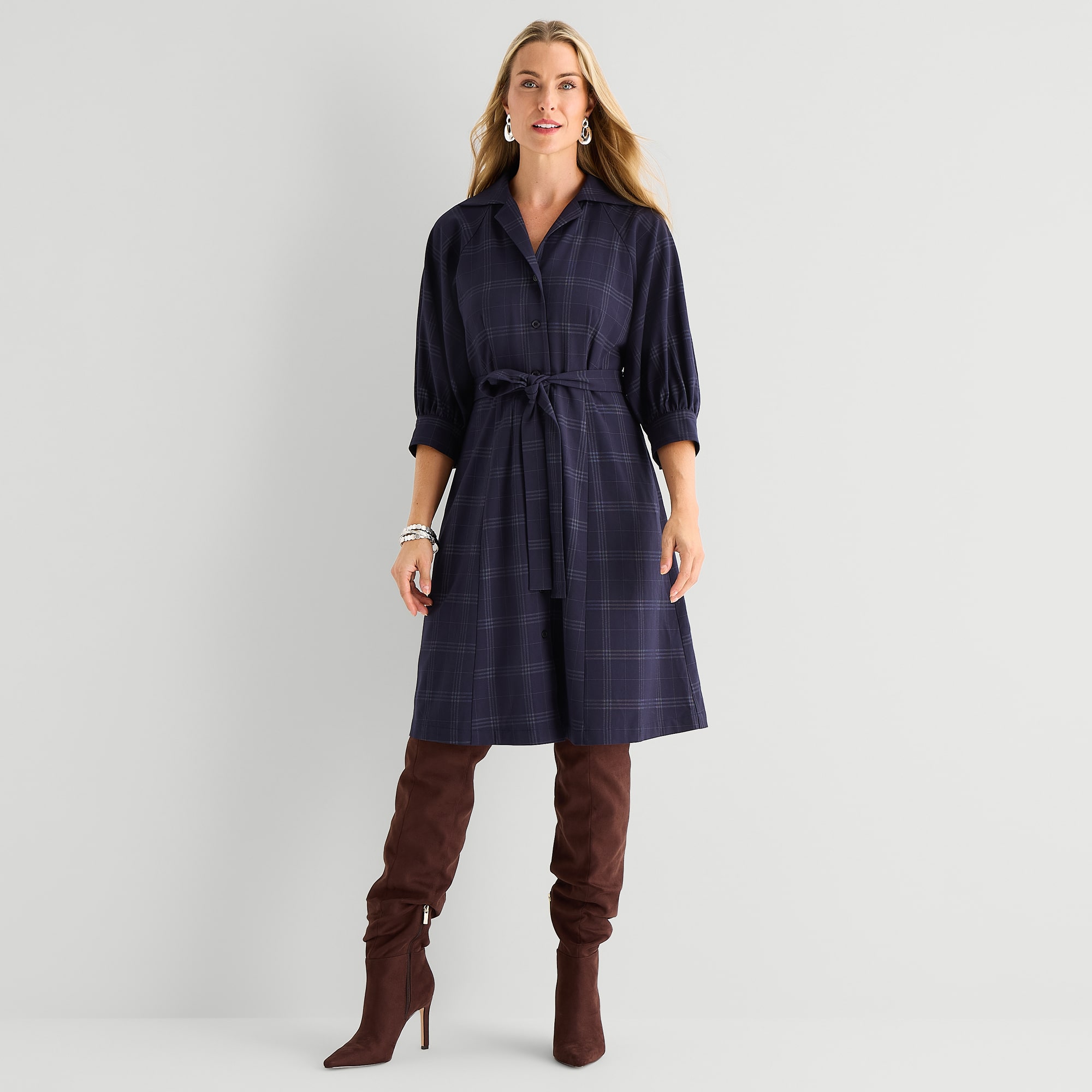 Studio 1 Womens Short Sleeve Plaid Shirt Dress