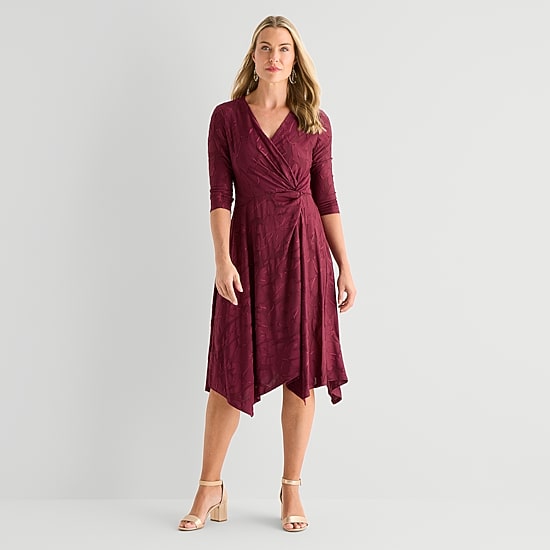 Perceptions Womens 3/4 Sleeve Floral High-Low Wrap Dress