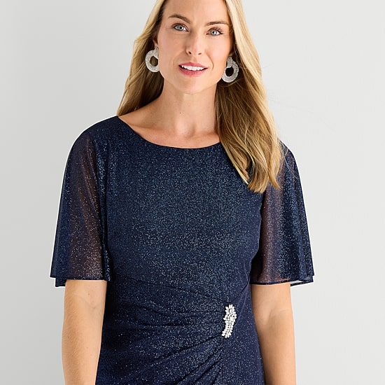 S. L. Fashions Womens Round Neck Short Sleeve Flutter Embellished Evening Gown